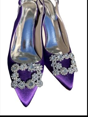 Purple Satin Slingback Kitten Heels Crystal-embellished Square Buckle Size 8 38